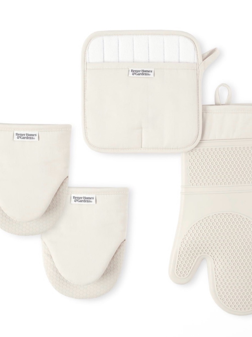 New 4pc Better Homes Gardens 4-Piece Oven Mitt Potholder Mini Mitt Beige Set
